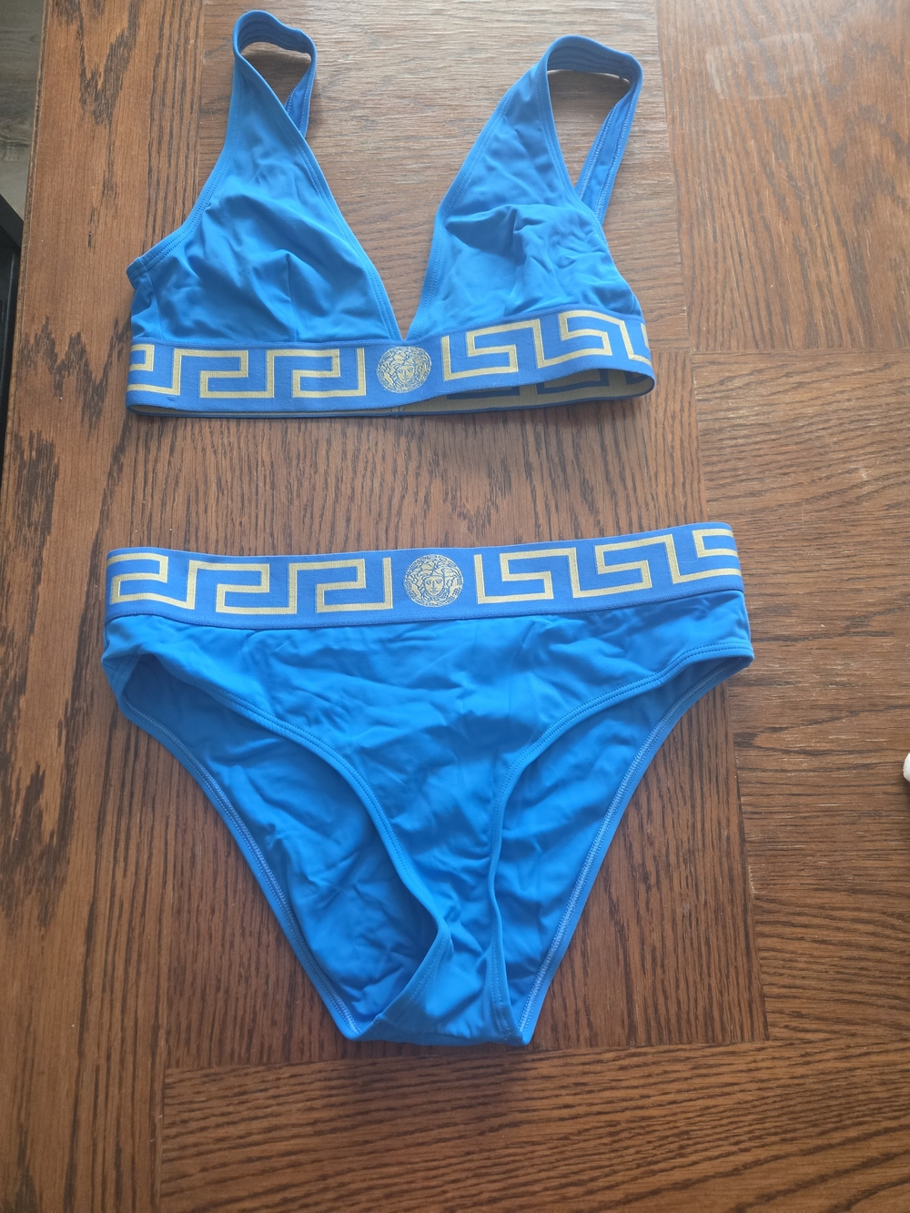 Versace Greek Key Blue Bikini Set with Gold Medusa Medallion Trim